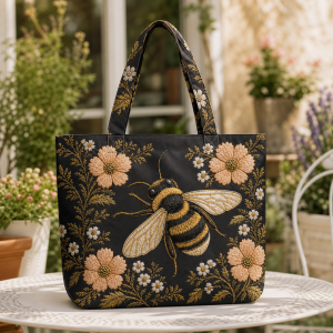 Bee-Cosmos-Charcoal-v2-flat-polyester-etsy-hero-2000-1 Charcoal tote bag with a bee and blush cosmos flowers