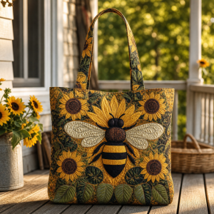 Bee-Sunflower-flat-polyester-etsy-hero-2000 Botanical tote bag with a large bee and golden sunflowers