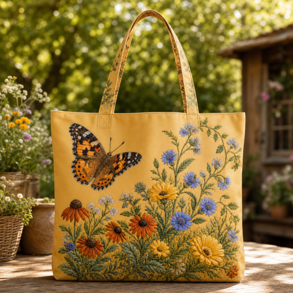 Golden meadow tote bag with a butterfly and colorful wildflowers