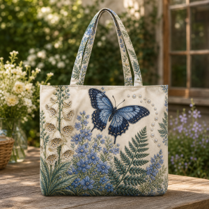 Blue-Butterfly-Foxglove-v2-flat-polyester-etsy-hero-2000 Cream tote bag with a blue butterfly, foxglove, and fern leaves