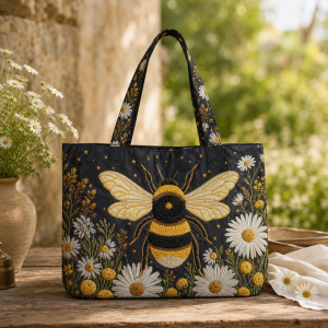 Bumblebee-Daisy-flat-polyester-etsy-hero-2000 Dark floral tote bag with a bumblebee and white daisies