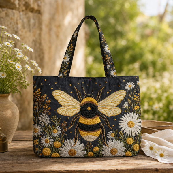 Bumblebee-Daisy-flat-polyester-etsy-hero-2000 Dark floral tote bag with a bumblebee and white daisies