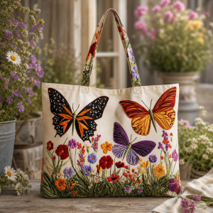 Butterflies-Meadow-flat-polyester-etsy-hero-2000 Cream tote bag with colorful butterflies and meadow flowers
