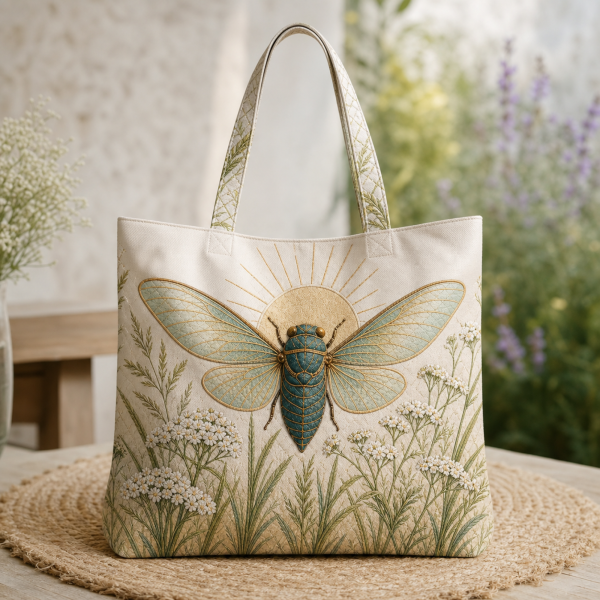 Cream tote bag with a cicada, sunrise lines, and delicate yarrow