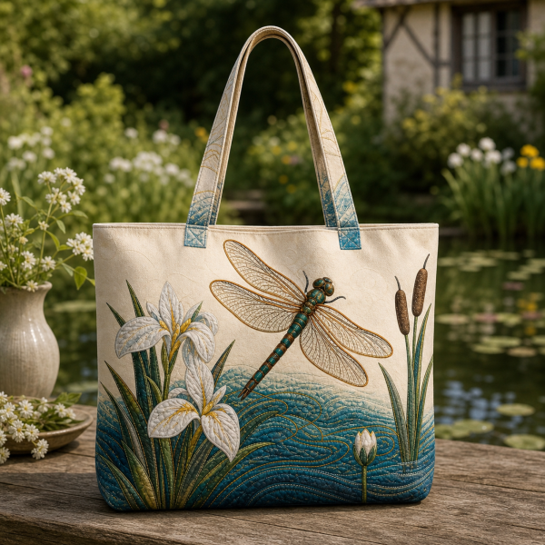 Botanical tote bag with a dragonfly, white iris flowers, and blue water
