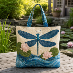 Dragonfly-Pond-Lily-flat-polyester-etsy-hero-2000 Cream tote bag with a blue dragonfly, pond waves, and water lilies