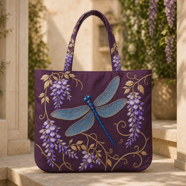 Dragonfly-Wisteria-Flight-flat-polyester-etsy-hero-2000 Purple tote bag with a blue dragonfly and hanging wisteria flowers