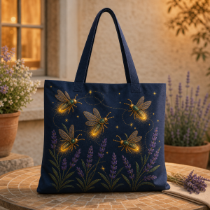 Fireflies-Lavender-Constellation-flat-polyester-etsy-hero-2000 Navy tote bag with glowing fireflies, stars, and lavender