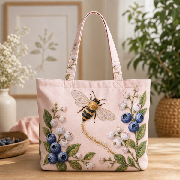 Honeybee-Blueberry-Flight-flat-polyester-etsy-hero-2000 Blush pink tote bag with a honeybee, blueberries, and white blossoms