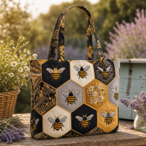 Honeycomb-Bees-flat-polyester-etsy-hero-2000 Dark tote bag with bees arranged in cream and gold honeycomb cells