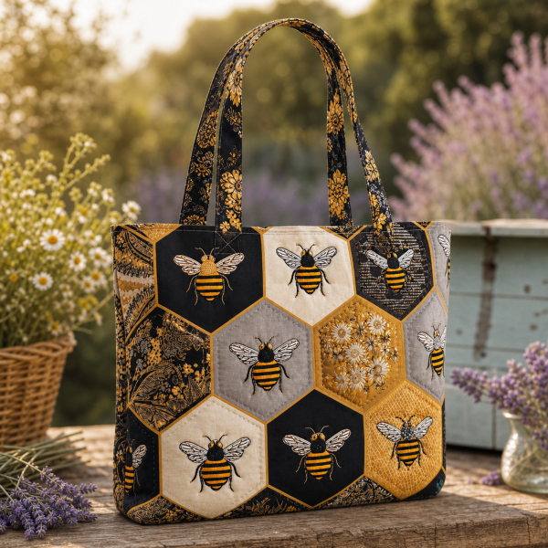 Honeycomb-Bees-flat-polyester-etsy-hero-2000 Dark tote bag with bees arranged in cream and gold honeycomb cells
