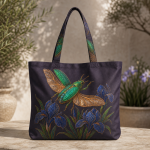 Jewel-Beetle-Flight-Iris-flat-polyester-etsy-hero-2000 Dark tote bag with a green jewel beetle and blue iris flowers