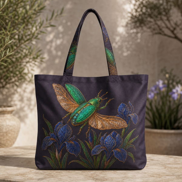 Jewel-Beetle-Flight-Iris-flat-polyester-etsy-hero-2000 Dark tote bag with a green jewel beetle and blue iris flowers