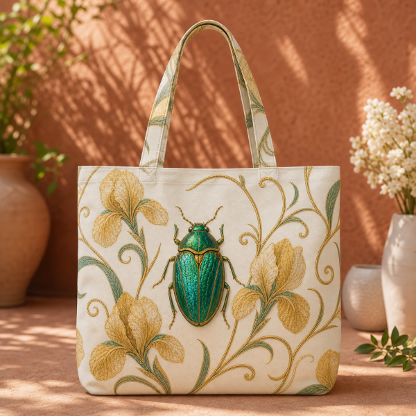 Cream tote bag with a green jewel beetle and gold botanical flowers