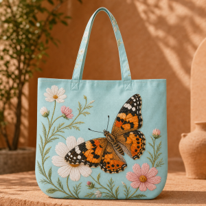 Painted-Lady-Cosmos-flat-polyester-etsy-hero-2000 Aqua tote bag with a painted lady butterfly and pink cosmos flowers