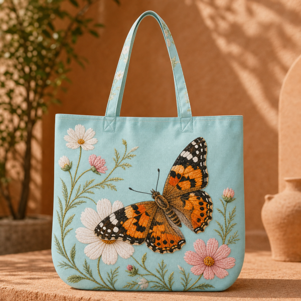 Aqua tote bag with a painted lady butterfly and pink cosmos flowers