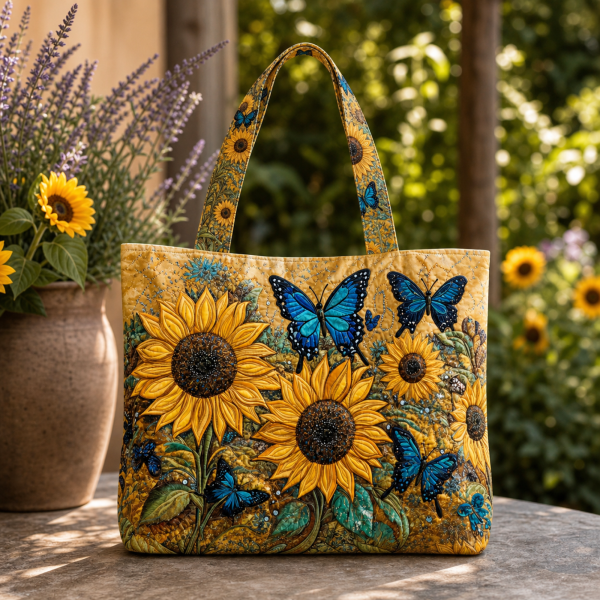 Sunflower-Butterfly-flat-polyester-etsy-hero-2000 Botanical tote bag with blue butterflies and golden sunflowers