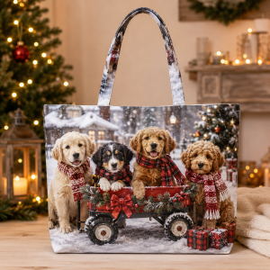 01-xmasdogs Christmas Dogs in a Snowy Wagon illustrated on a zippered tote bag