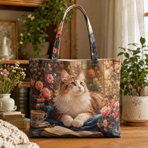 Floral Cat Companion illustrated on a zippered tote bag