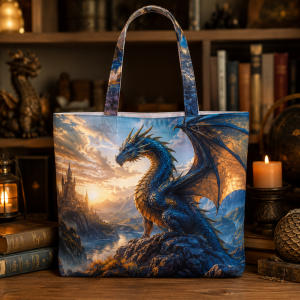 01_dragon Dragon illustrated on a zippered tote bag