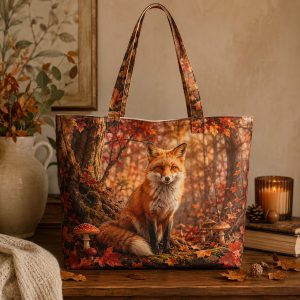 Fox illustrated on a zippered tote bag