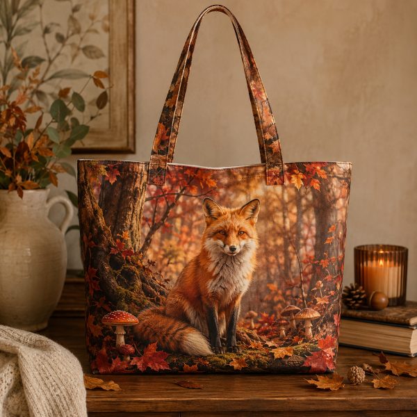 Fox illustrated on a zippered tote bag