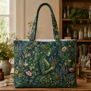 01_green_witch Green Witch illustrated on a zippered tote bag