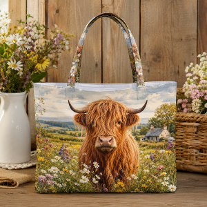 Highland Cow illustrated on a zippered tote bag