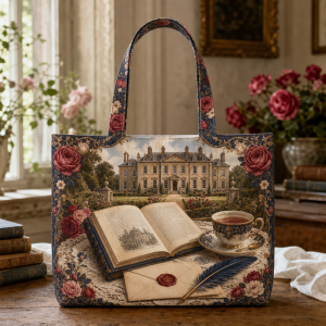 01_jane_austen Jane Austen illustrated on a zippered tote bag