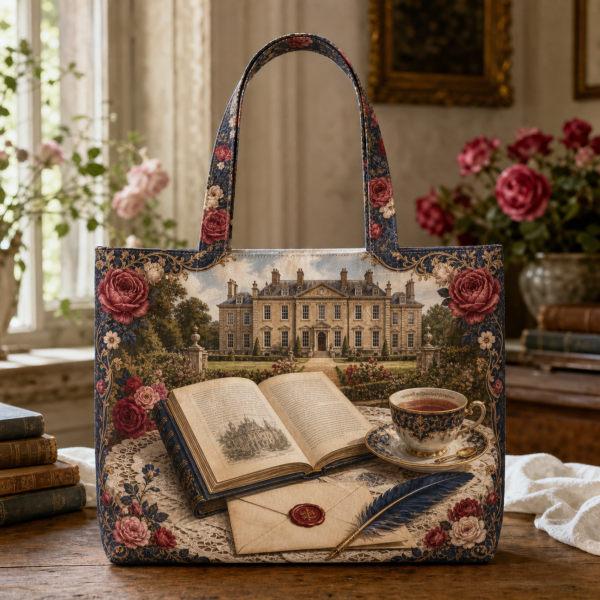 Jane Austen illustrated on a zippered tote bag