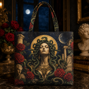 Medusa illustrated on a zippered tote bag