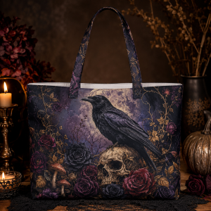 ravenskull illustration on a zippered tote bag