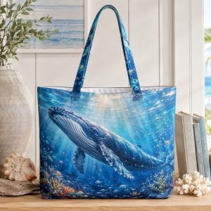 Whale illustrated on a zippered tote bag