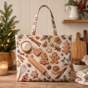 02-xmasbakinga Christmas Cookie Baking illustrated on a zippered tote bag