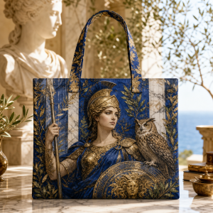 Athena illustrated on a zippered tote bag