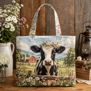 02_cow Cow illustrated on a zippered tote bag