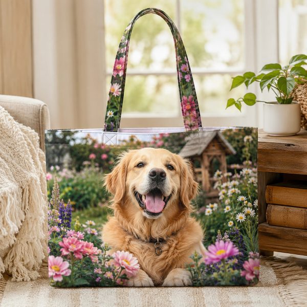 Golden Retriever Garden illustrated on a zippered tote bag