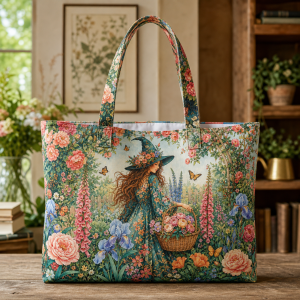 02_garden_witch Garden Witch illustrated on a zippered tote bag