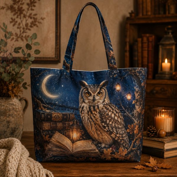 Storybook Owl illustrated on a zippered tote bag