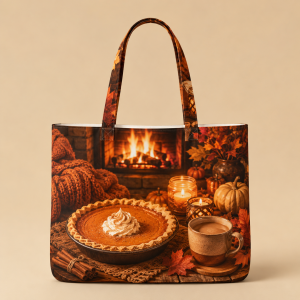 02_piebyfire Pumpkin Pie by the Fire illustrated on a zippered tote bag