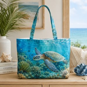 Turtle illustrated on a zippered tote bag