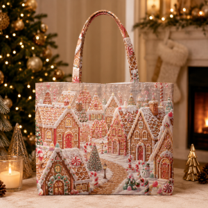 03-gingertowna Pink Gingerbread Village illustrated on a zippered tote bag