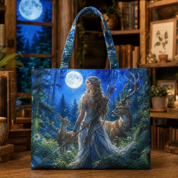 03_artemis Artemis illustrated on a zippered tote bag