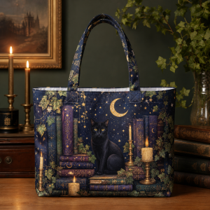 03_book_witch Book Witch illustrated on a zippered tote bag