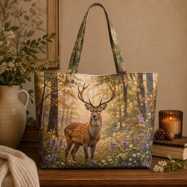 03_deer Woodland Deer illustrated on a zippered tote bag