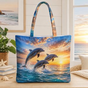 03_dolphin Dolphin illustrated on a zippered tote bag