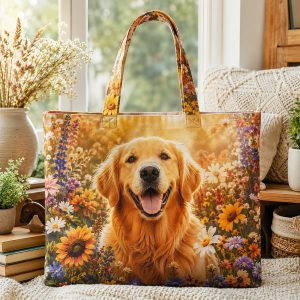 03_goldenbloom Golden Retriever Sunflowers illustrated on a zippered tote bag