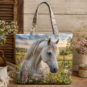 Horse illustrated on a zippered tote bag