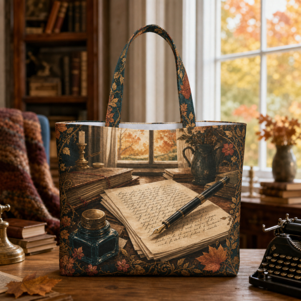 Jo March illustrated on a zippered tote bag