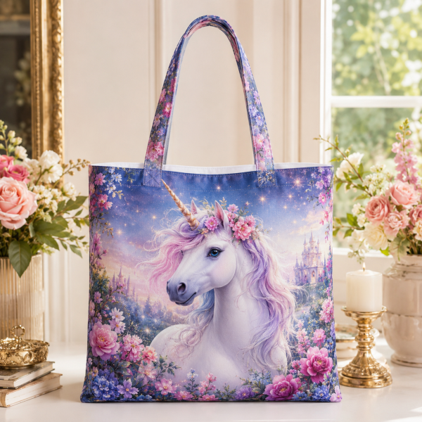 Winged Unicorn illustrated on a zippered tote bag